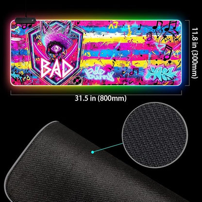 Cyberpunk Neon Rabbit RGB Gaming Mouse Pad – 31.5"x11.8" Large LED Desk Mat with Urban Street Art Design Third Eye, Shield & Straw Hat Motif for PC & Laptop Setup