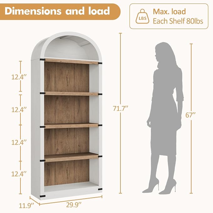 GarveeHome Bookcase 5 Shelf Arched Bookshelf 71.65in Tall Bookcase Farmhouse Display Storage Rack Wooden Bookshelves for Home Office, Living Room (White/Natural)