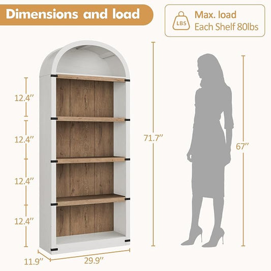 GarveeHome Bookcase 5 Shelf Arched Bookshelf 71.65in Tall Bookcase Farmhouse Display Storage Rack Wooden Bookshelves for Home Office, Living Room (White/Natural)