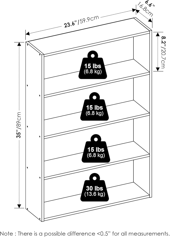 Furinno Basic Book Shelf, 4-Tier Bookcase with Open Shelf, Bookshelf, Cube Storage Organizer, 6 x 24 x 35, for Living Room, Bedroom, Home Office, White