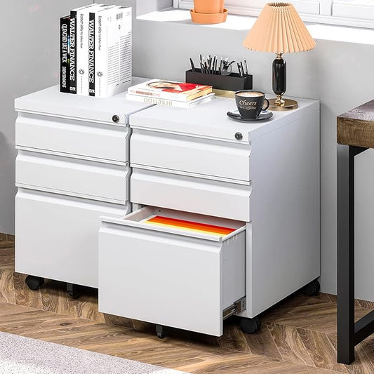 Yizosh 3 Drawer Mobile File Cabinet with Lock, White Under Desk Rolling Filing Cabinet, Metal Locking File Cabinet on Wheels for Legal/Letter/A4 File (Full Assemble)