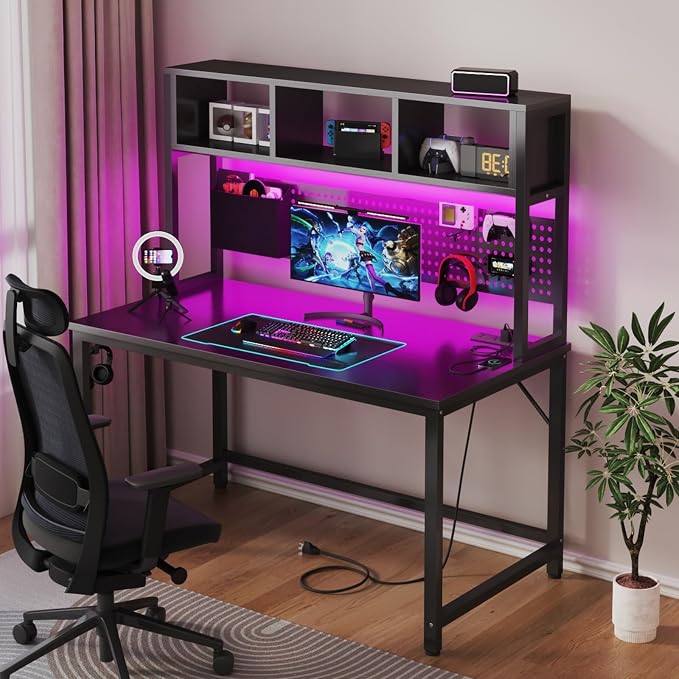 DLisiting Black Gaming Desk with Hutch and Pegboard - 47 Inch Gaming Desk with Shelves Storage Power Outlets, Computer Teen Work Study Writing Desks for Bedroom Home Office
