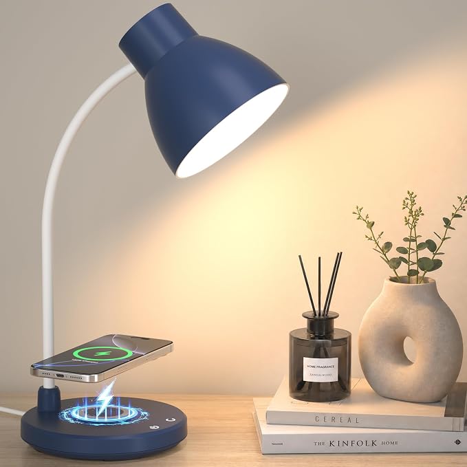 Desk Lamp for Home Office - LED Desk Lamp with Wireless Charger, 3 Color Modes Dimmable Eye-Caring Study Reading Desk Light, Small Flexible Arm Table Lamp for College Dorm Room, Navy Blue