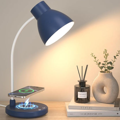 Desk Lamp for Home Office - LED Desk Lamp with Wireless Charger, 3 Color Modes Dimmable Eye-Caring Study Reading Desk Light, Small Flexible Arm Table Lamp for College Dorm Room, Navy Blue