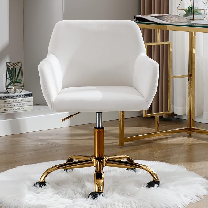 KCC Velvet Office Desk Chair, Comfy Swivel Modern Leisure Armchair with Wheels, Upholstered Comfy Velvet Fabric Makeup Chair Height Adjustable for Teens Women Girls Elegant Home Office, White