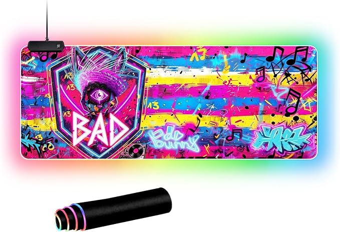 Cyberpunk Neon Rabbit RGB Gaming Mouse Pad – 31.5"x11.8" Large LED Desk Mat with Urban Street Art Design Third Eye, Shield & Straw Hat Motif for PC & Laptop Setup