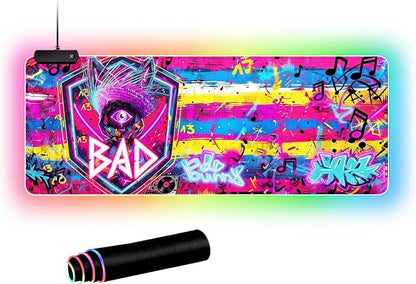 Cyberpunk Neon Rabbit RGB Gaming Mouse Pad – 31.5"x11.8" Large LED Desk Mat with Urban Street Art Design Third Eye, Shield & Straw Hat Motif for PC & Laptop Setup