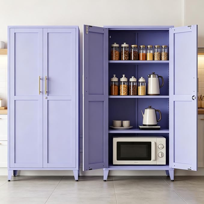 Metal Storage Cabinet with Lock,Purple Steel Tool Cabinet with 3 Adjustable Shelves,61 Tall Freestanding Heavy Duty Garage Locker for Laundry Living Room Bedroom