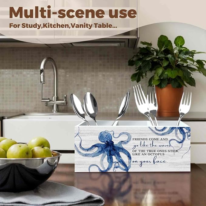 Friends Gifts Pencil Pen Holder for Desk Organizer, Friendship Gifts for Women Men, Coastal Beach Octopus Wooden Box Decorations for Home Office Bedroom Desk Tabletop Decor
