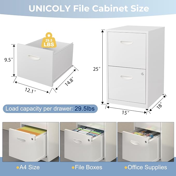 UNICOLY 2 Drawer File Cabinet with Lock, Metal File Cabinets for Home Office, Under Desk Storage, Printer Stand, Office File Cabinets for Letters and File Boxes, Assembly Required, White