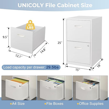 UNICOLY 2 Drawer File Cabinet with Lock, Metal File Cabinets for Home Office, Under Desk Storage, Printer Stand, Office File Cabinets for Letters and File Boxes, Assembly Required, White