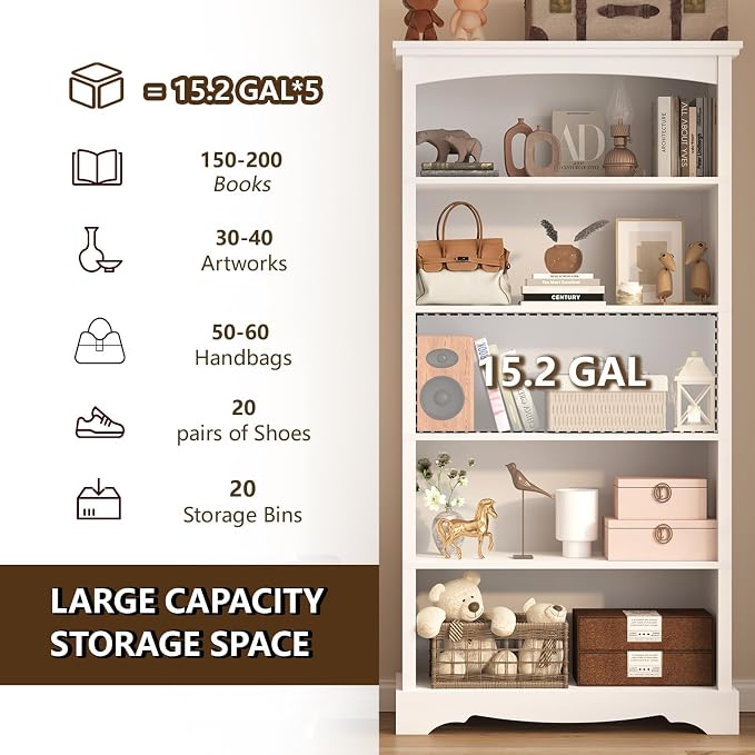TVU 5-Tier Wooden Bookshelf, 31.5" W x 65" H ×9.9" D Bookshelf with Storage, Floor Standing Modern Style Display Bookcase for Living Room, Office, Study Room, Entryway, White