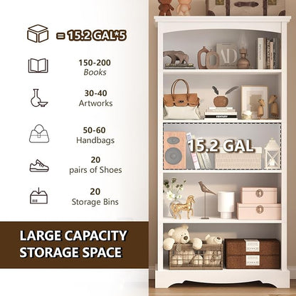 TVU 5-Tier Wooden Bookshelf, 31.5" W x 65" H ×9.9" D Bookshelf with Storage, Floor Standing Modern Style Display Bookcase for Living Room, Office, Study Room, Entryway, White