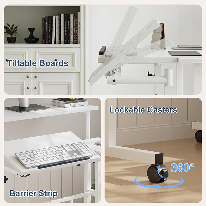 VECELO Mobile Small Standing Desk Adjustable Height, Computer Workstations with Tiltable Tabletop, Lockable Wheels, Portable Rolling Laptop Desk for Home Office, White