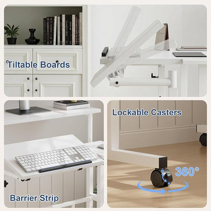 VECELO Mobile Small Standing Desk Adjustable Height, Computer Workstations with Tiltable Tabletop, Lockable Wheels, Portable Rolling Laptop Desk for Home Office, White