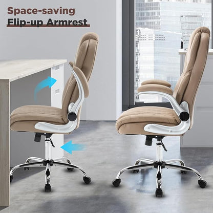 Leather Executive Office Chair, Big and Tall High Back Ergonomic Desk Chairs with Wheels, 90-120° Rocking Managerial Home Computer Chairs with Flip up Arms and Lumbar Support, Light Brown