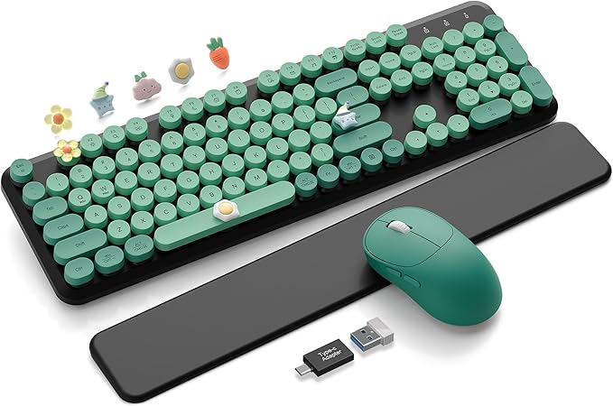 Wireless Keyboard and Mouse Combo - Cute Typewriter Keyboard with Detachable Wrist Rest, Retro Round Keycaps, Foldable Legs, 2.4GHz Keyboards for PC Laptop, Mac, Windows - Trueque (Black and Green)