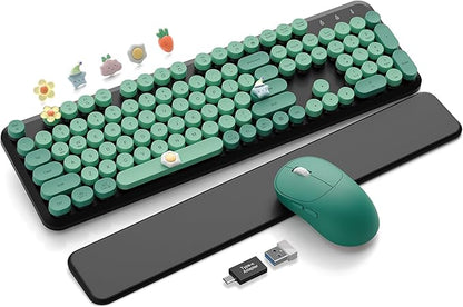 Wireless Keyboard and Mouse Combo - Cute Typewriter Keyboard with Detachable Wrist Rest, Retro Round Keycaps, Foldable Legs, 2.4GHz Keyboards for PC Laptop, Mac, Windows - Trueque (Black and Green)