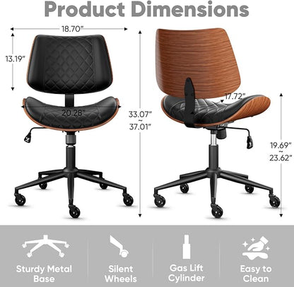 Home Office Desk Chair with Swivel Wheels, Modern PU Leather Armless Office Chair, Small Mid Back Computer Chair for Home Office, Reading Meeting Room (Black, Black Wheels)