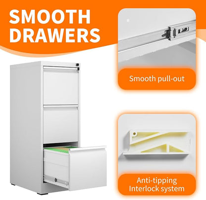3 Drawer File Cabinet with Lock,White Metal Filing Cabinets Heavy Duty Locking Vertical File Cabinet Home Office Steel Storage Cabinet for Legal/Letter Size File,Assembly Required