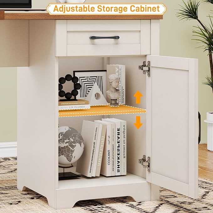 Vabches 59” L Shaped Executive Desk with Power Outlets, Farmhouse Home Office Desk with File Drawer,Storage Cabinet, Wood Corner Sturdy Writing Workstation.White