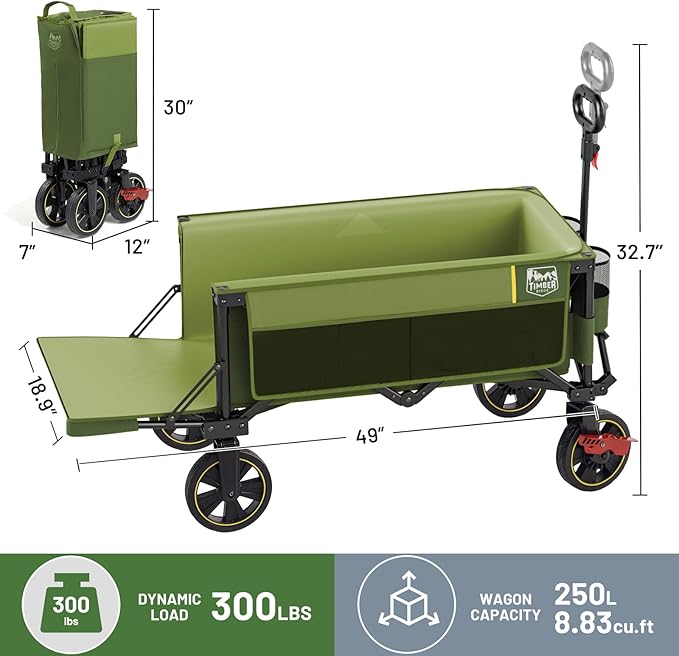 TIMBER RIDGE 49" Extra Long Collapsible Folding Wagon with Tailgate and Brakes, 300lbs Heavy Duty Wagon Carts Foldable, 250L Capacity Portable Cart for Dogs, Garden, Outdoor Camping Sports, Green