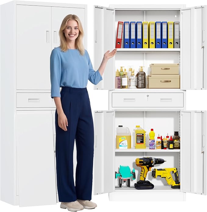 CJF 71" H Tall Metal Storage Cabinet with Drawer, Locking Garage Cabinet with 2 Adjustable Shelves, Heavy-Duty Tool File Storage Cabinets for Home Office, Kitchen, Warehouse, Shop (White)