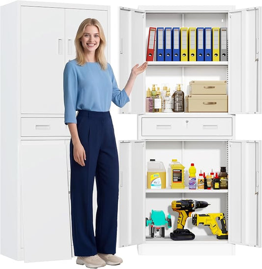 CJF 71" H Tall Metal Storage Cabinet with Drawer, Locking Garage Cabinet with 2 Adjustable Shelves, Heavy-Duty Tool File Storage Cabinets for Home Office, Kitchen, Warehouse, Shop (White)