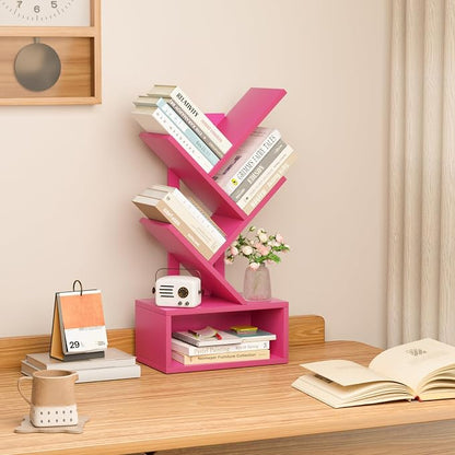 SHEEPAM Small Tree Book Shelf,5 Tier Black Tree Bookshelf,Desktop Bookcase,Modern Desk Display Storage Bookshelves,Floor Standing Organizer Bookcases for Living Room,Bedroom,Office