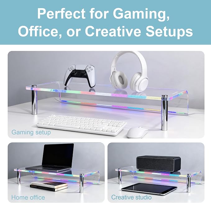 0.39" Extra Thick Acrylic Monitor Stand Riser, Clear | 23.6” x 9.1" x 3.5" Acrylic Desk Shelf with RGB Lighting & Dual Control-App & Button Control,for Office Desktop Organizer