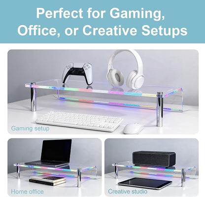 0.39" Extra Thick Acrylic Monitor Stand Riser, Clear | 23.6” x 9.1" x 3.5" Acrylic Desk Shelf with RGB Lighting & Dual Control-App & Button Control,for Office Desktop Organizer