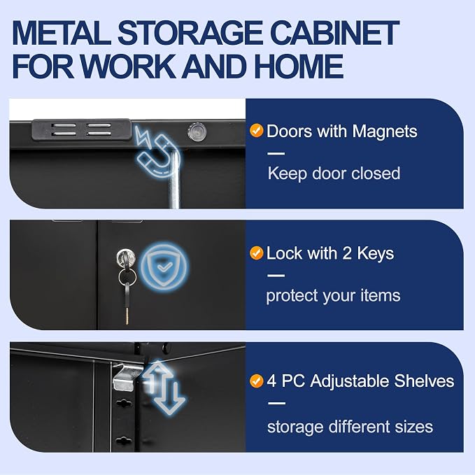 BESFUR Metal Storage Cabinet 87" H，Black Locking Storage Cabinets with Top Cabinet and 4 Adjustable Shelves for Home Office, Garage,School, Apartment, Warehouse, Utility Room