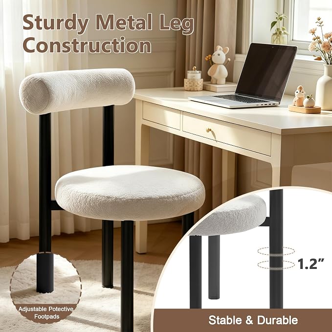 Cute Small Armless Desk Chair, Ergonomic Comfy Vanity Chairs Lumbar Support with Back for Makeup, Teddy Fabric Computer Desk Chair for Home, Bedroom, Vanity, Teens, Adults
