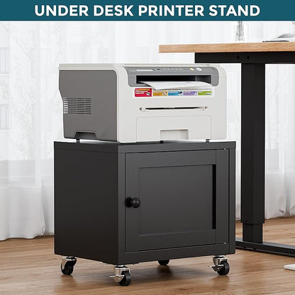 Small Printer Stand with Storage, Home Office Printer Table for Small Spaces, Under-Desk 3D Printer Stand with Wheels, for Office Copier and Fax Machine, Black