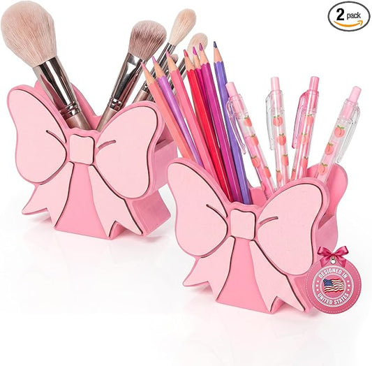 2-Pack Cute Pink Bow Pen Holder, Pink Bow Desk Accessories Set, Wooden Desk Organizer & Decorations for Office and School Supplies, Aesthetic Decor Gift for Women Girls