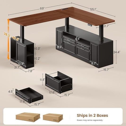 SEDETA Farmhouse L Shaped Electric Standing Desk, 69" x 55" Height Adjustable Office Executive Desk with 4 Drawers and Storage Shelves, Sit Stand Computer Desk with Power Outlet, Black and Brown