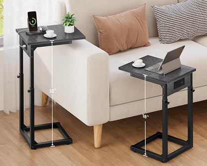 Vagusicc C Shaped End Table with Charging Station, 33" Tall Side Table for Couch, Adjustable Height C Table End Table, Couch Table Slide Under Sofa Table TV Tray Table for Living Room, Gray Walnut