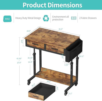 Small Portable Standing Rolling Desk - 32 Inch Adjustable Mobile Stand Up Teacher Desks with 2 Fabric Drawers on Wheels, Couch Sofa Side Laptop Table with Storage for Bedroom Home Office, Rustic Brown