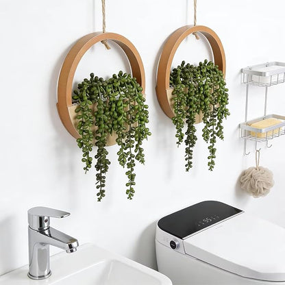2 Pack Fake Plants Artificial Wall Hanging Plants, Boho Hanging Planter Fake Succulents Artificial String of Pearls in Wooden Pots with Lanyard for Home Office Wall Decoration