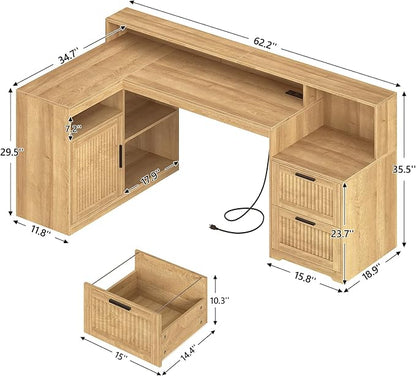 TVU Farmhouse L Shaped Desk with Drawers, 62.2" Home Office Desk with Storage Shelves and Power Outlet, L Shaped Computer Desk with Monitor Stand and Printer Shelf, Oak