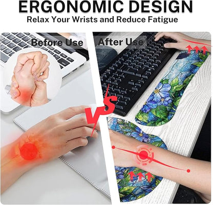 Britimes Floral Hummingbird Botanical Keyboard Mouse Pad Set Blue Nature 4in1 Large Mousepad+Keyboard Wrist Rest+Mouse Wrist Rest+Coaster Ergonomic Design for Home Office Computer 35.4x15.7 inches