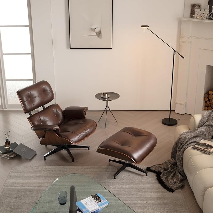 Mid Century Chaise Lounge Chair with Ottoman, Luxury Oil-Waxed Leather Reading Chair, Modern Chair Classic Design, Heavy Duty Base Support for Living Room Study Lounge Office Walnut Dark Brown