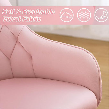 HOFFREE Velvet Office Chair Cute Vanity Chair with Wheels for Bedroom Upholstered Task Chair for Home Office (Pink)