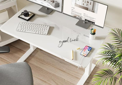 Claiks Small Glass Standing Desk with Drawers & USB Ports, 32 Inch Adjustable Stand Up Desks with Storage, Quick Install One-Piece Computer Desks for Small Space and Home Office, White