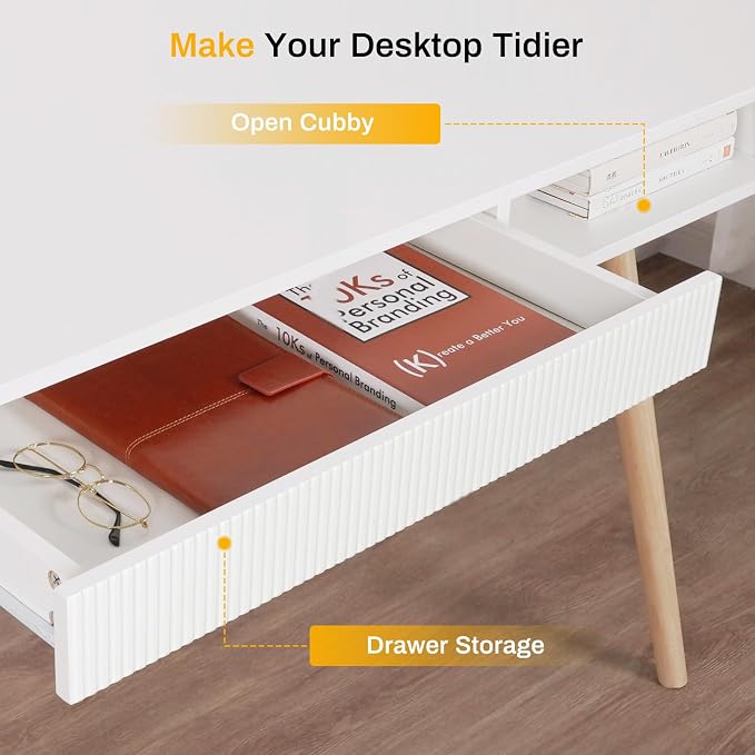 Artswish White Desk with Drawer for Small Spaces, Mid Century Modern Writing Desk with Storage Cubby & Cable Management Hole, Home Office Computer Desk for Bedroom, Apartment, Study Room