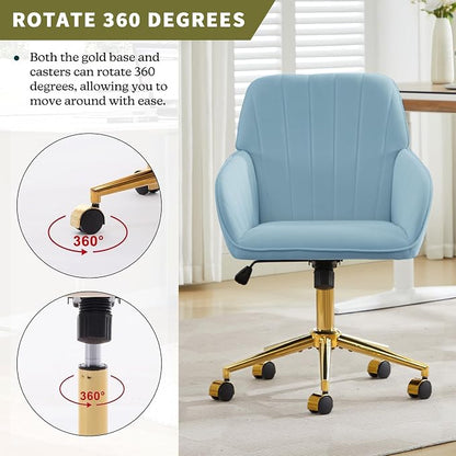 Velvet Home Office Desk Chair, Modern Cute Computer Task Chair with Back, Height Adjustable Upholstered Vanity Chair with Swivel Wheels for Women, Girls (Gold Base, Light Blue