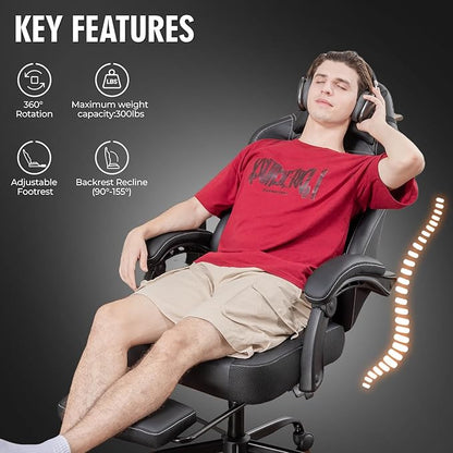 GTPLAYER Gaming Chair, Office Chair High Back Computer Chair with Foot Rest for Adults, Leather Desk Chair Executive Ergonomic Height Adjustable with Headrest and Lumbar Support, 300lbs Dark Black