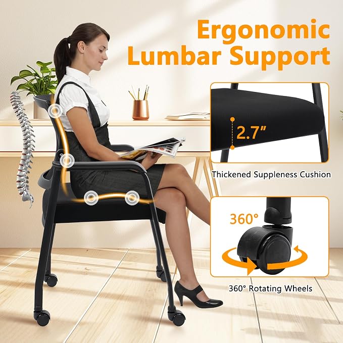 KLASIKA Waiting Room Chairs with Wheels, Adjustable Mesh Backrest, Desk Chair with Ergonomic Lumbar Support and Thickened Seats Cushion, Black