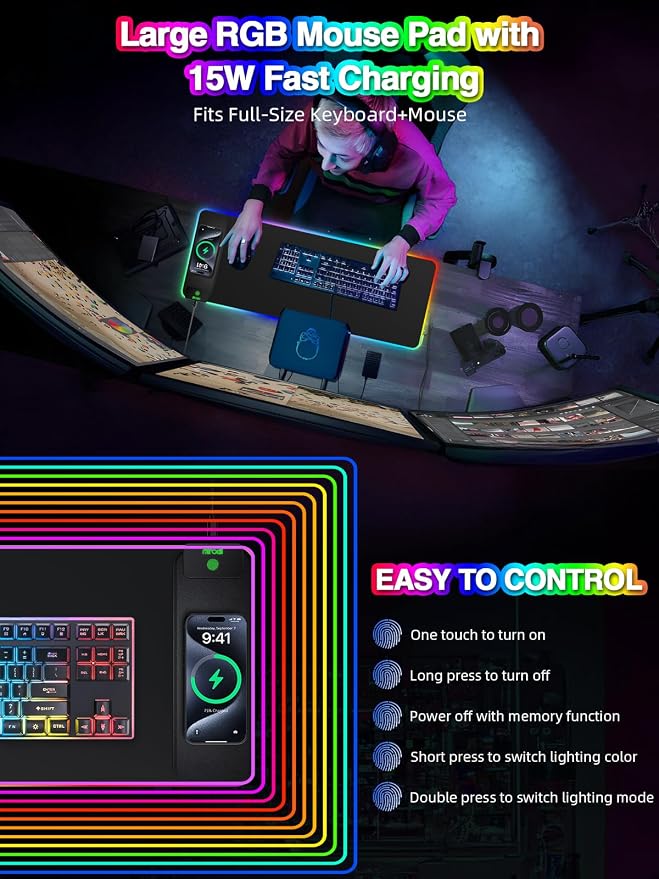 Magnetic Charging Mouse Pad, 31.5x11.81 Inch XL Gaming Mousepad, 11+5 RGB Lighting Modes, Home Office Large Desk Pad with Ultra-Smooth Surface, Non-Slip, Waterproof Keyboard Pad Classic Black Desk Mat