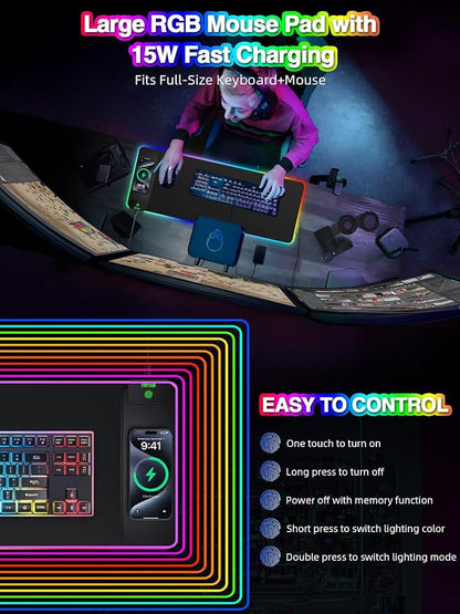 Wireless Charging Mouse Pad, 31.5"x11.81" XL Gaming Mousepad with 11 RGB Colors & 5 Lighting Modes, Home Office Large Desk Pad, Ultra-Smooth Surface, Non-Slip, Waterproof Keyboard Pad Black Desk Mat